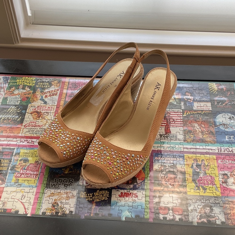 Anne Klein Tan Slingback Peep-Toe Wedge Sandals with Multicolor Rhinestones